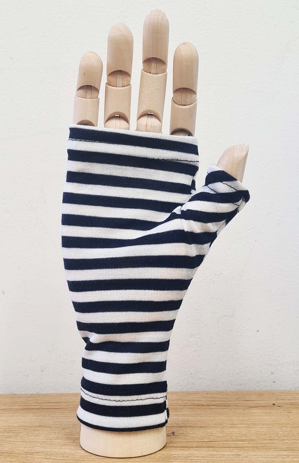 Navy Blue and Ivory Stripe Merino Wool Thermal Fingerless Mittens
