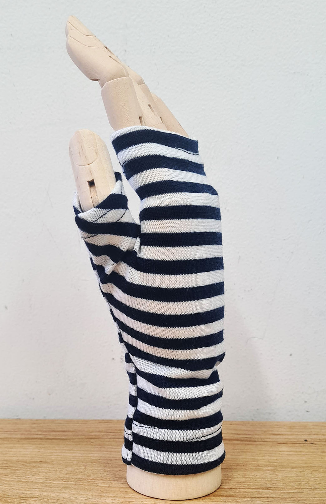 Navy Blue and Ivory Stripe Merino Wool Thermal Fingerless Mittens