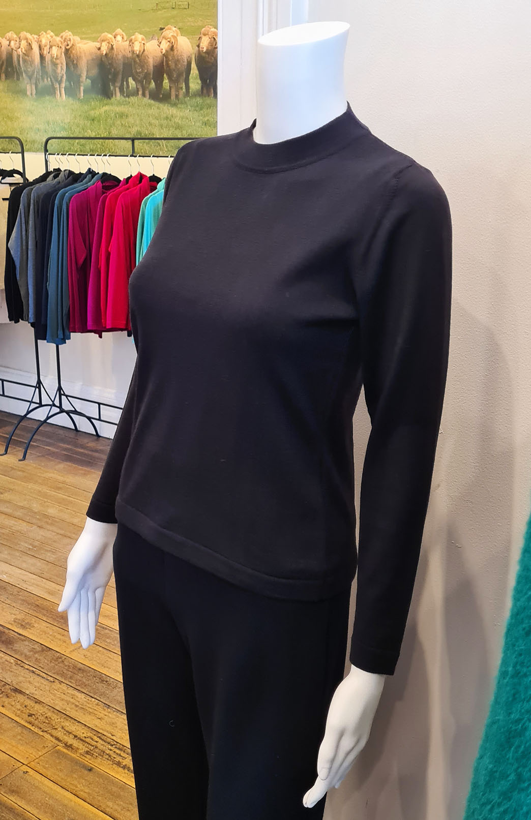 Black Women&#39;s Merino Wool Fine Knit Jumper Top with high round neckline 
