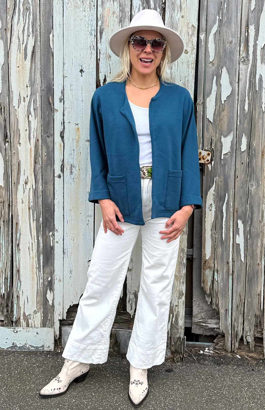 Storm Teal Women's Kimono Style Boiled Wool Merino Wool Short Coat