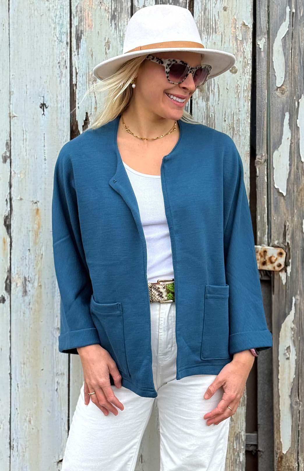 Storm Teal Women's Kimono Style Boiled Wool Merino Wool Short Coat