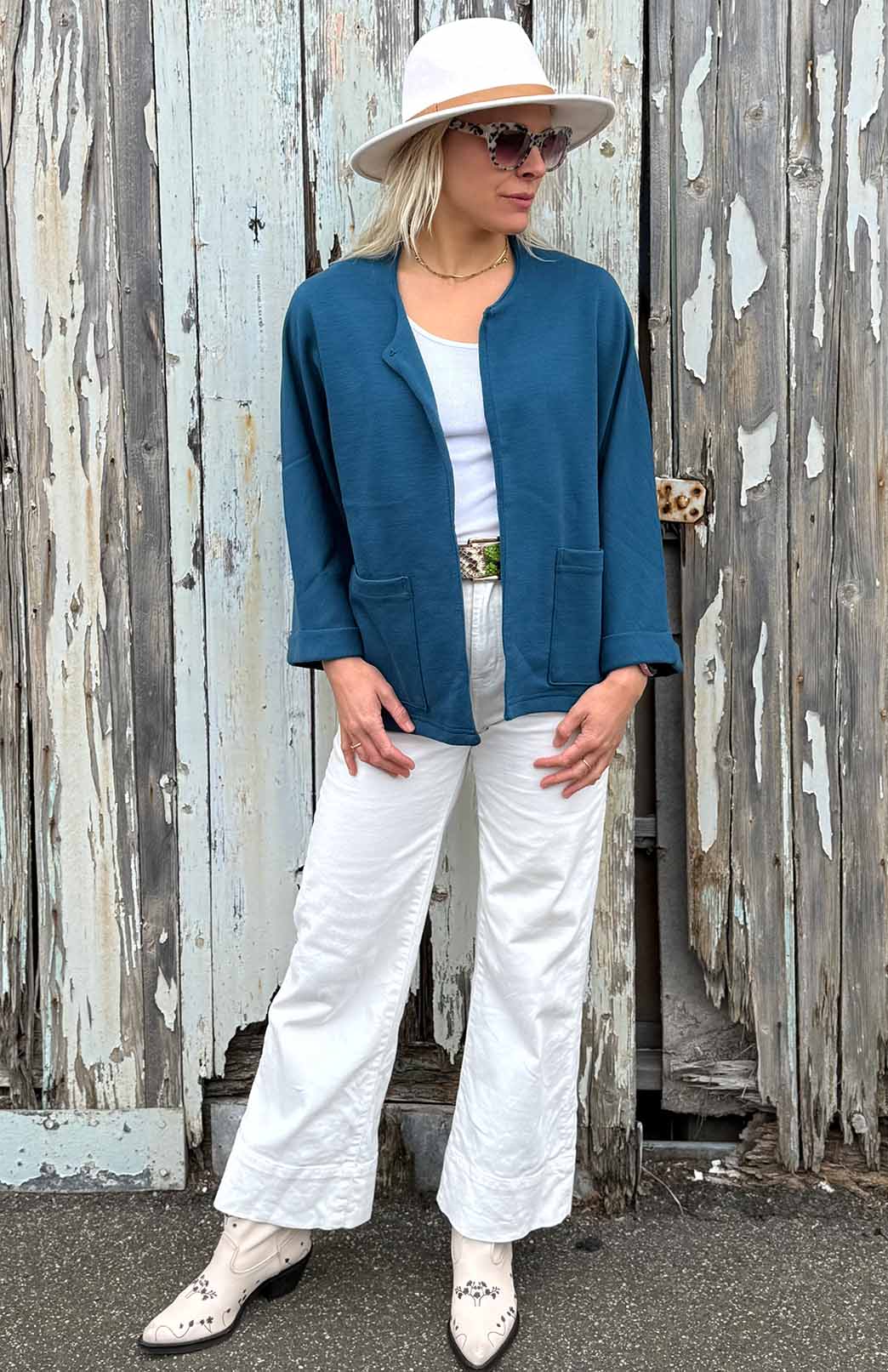 Storm Teal Women's Kimono Style Boiled Wool Merino Wool Short Coat