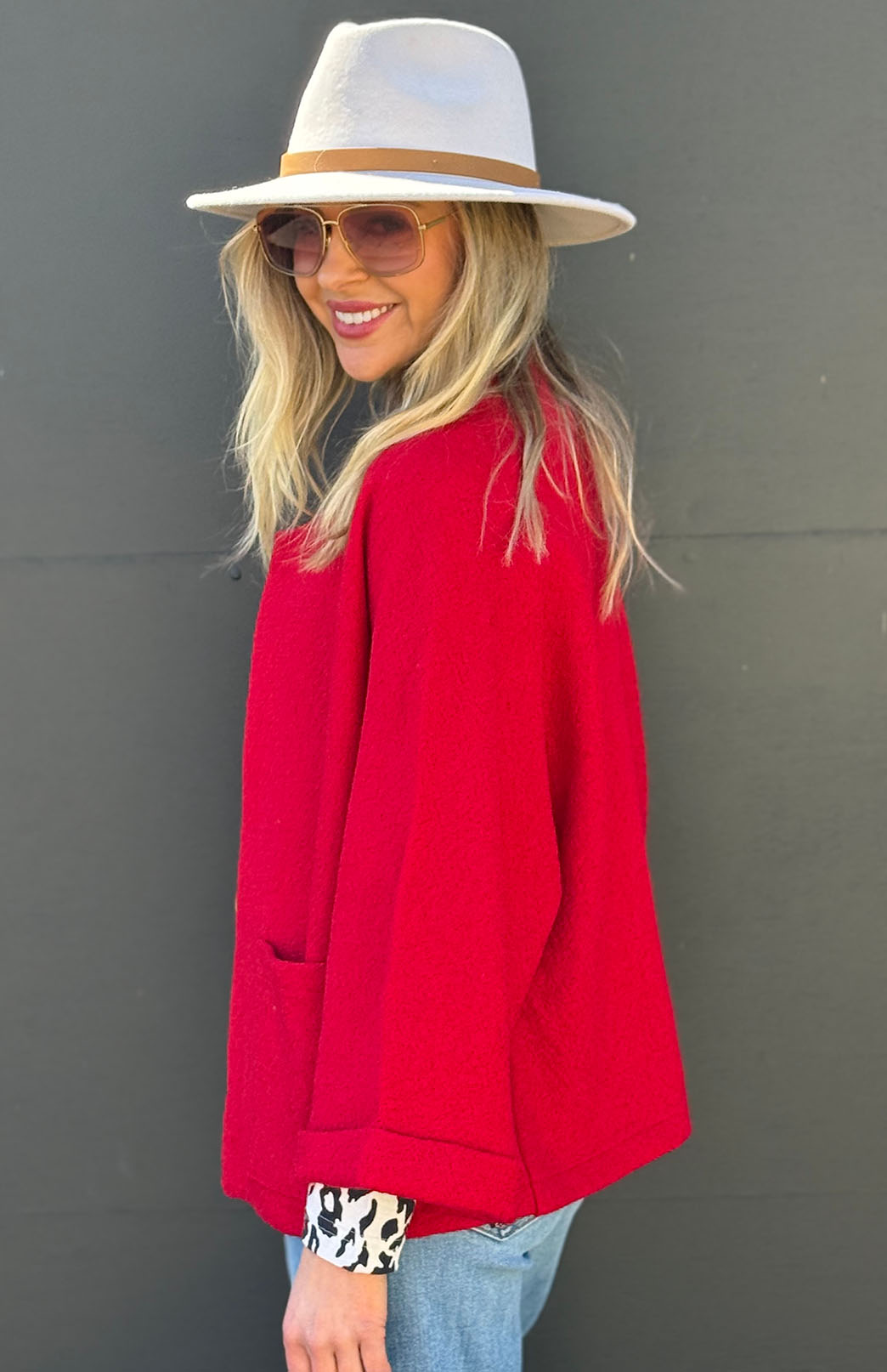 Red Women's Kimono Style Boiled Wool Merino Wool Short Coat