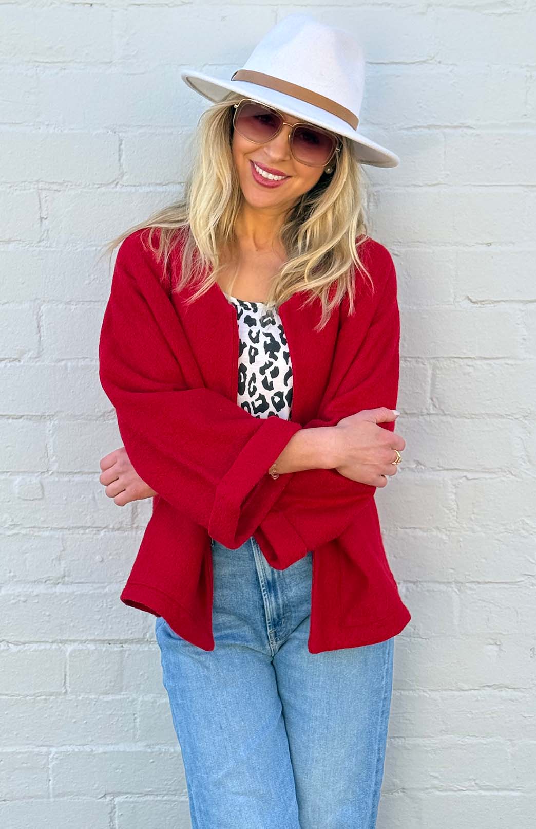 Red Women's Kimono Style Boiled Wool Merino Wool Short Coat