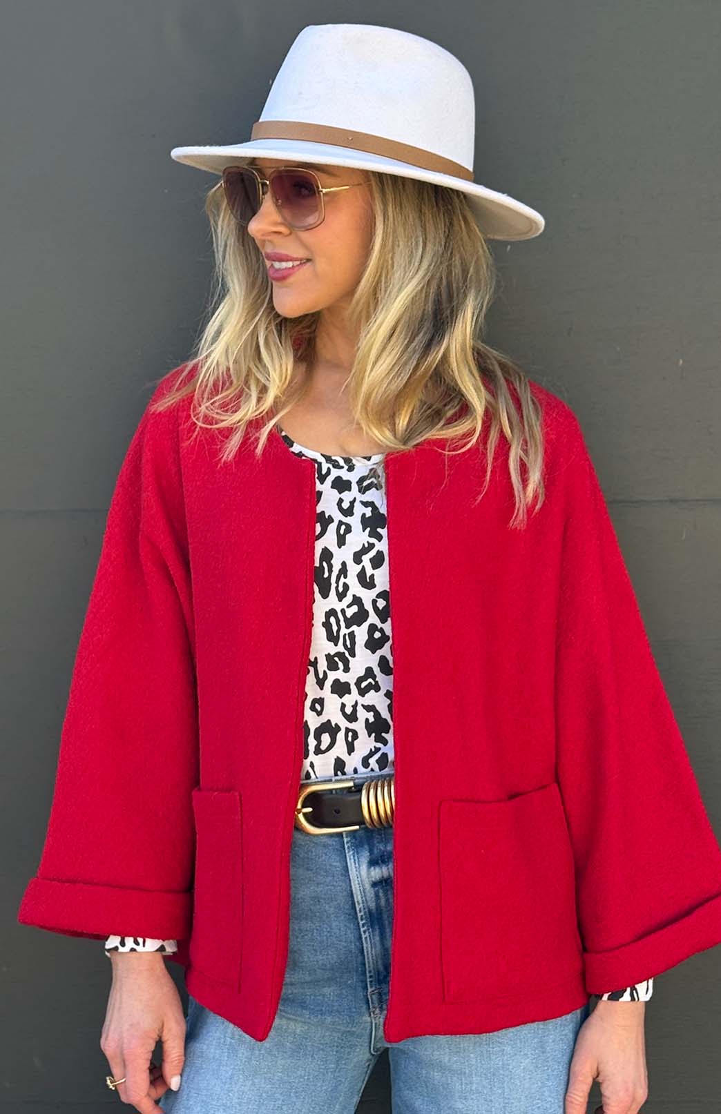 Red Women's Kimono Style Boiled Wool Merino Wool Short Coat