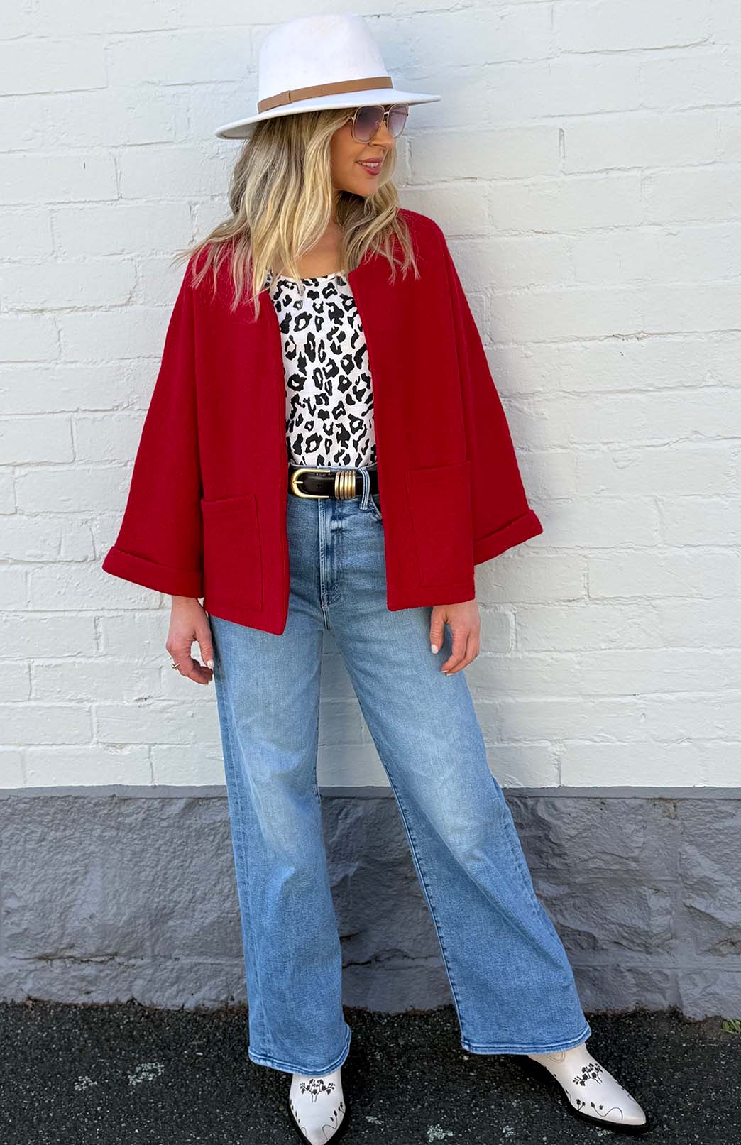 Red Women's Kimono Style Boiled Wool Merino Wool Short Coat