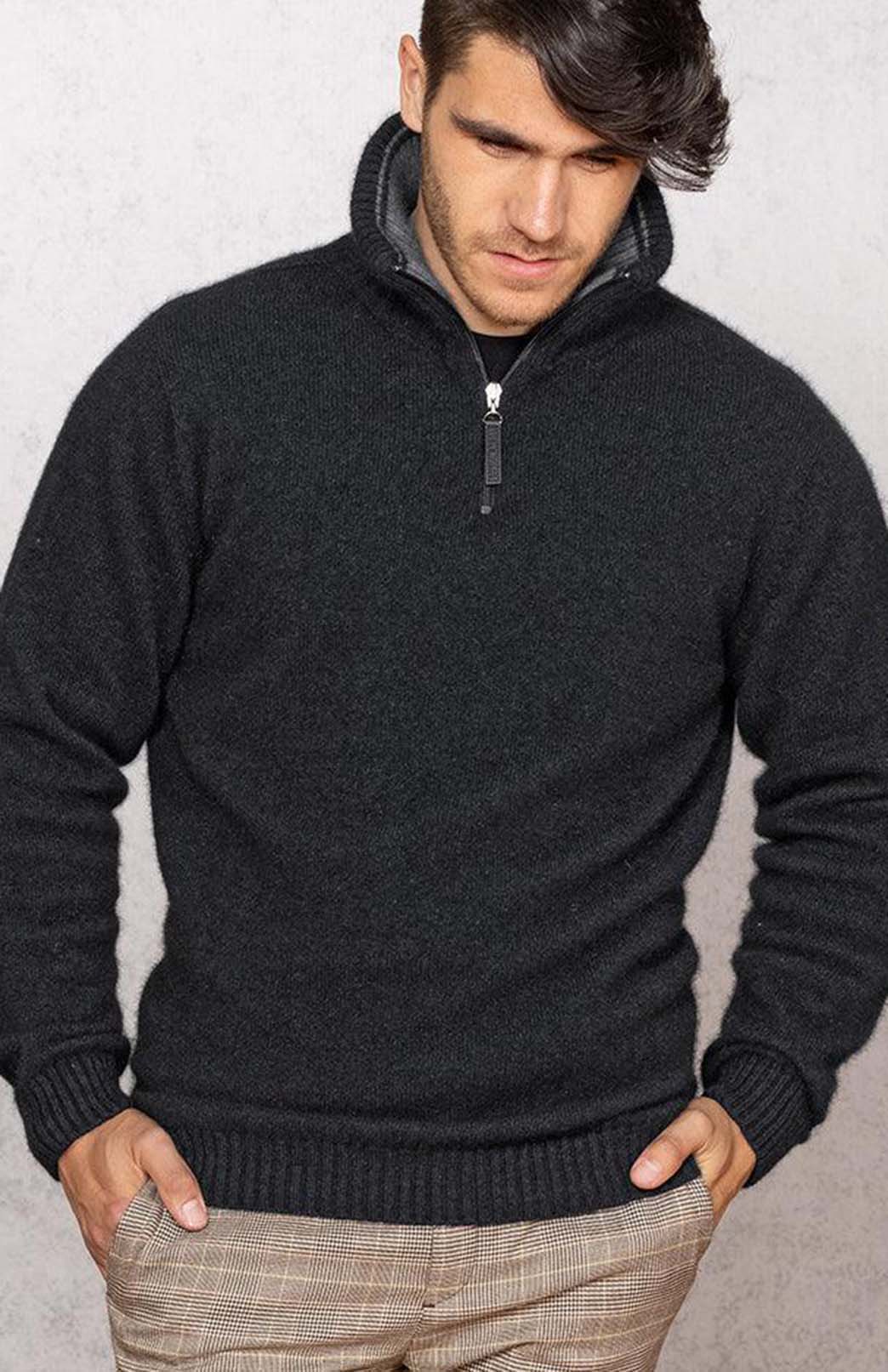 Charcoal & Shale Men's Zip Neck Merino &amp; Possum Jumper
