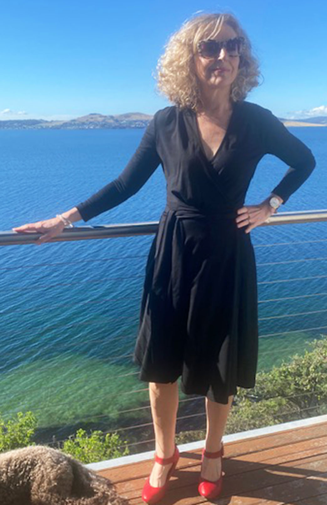 Black Women's Merino Wool 7/8th Sleeve Wrap Dress with pockets 