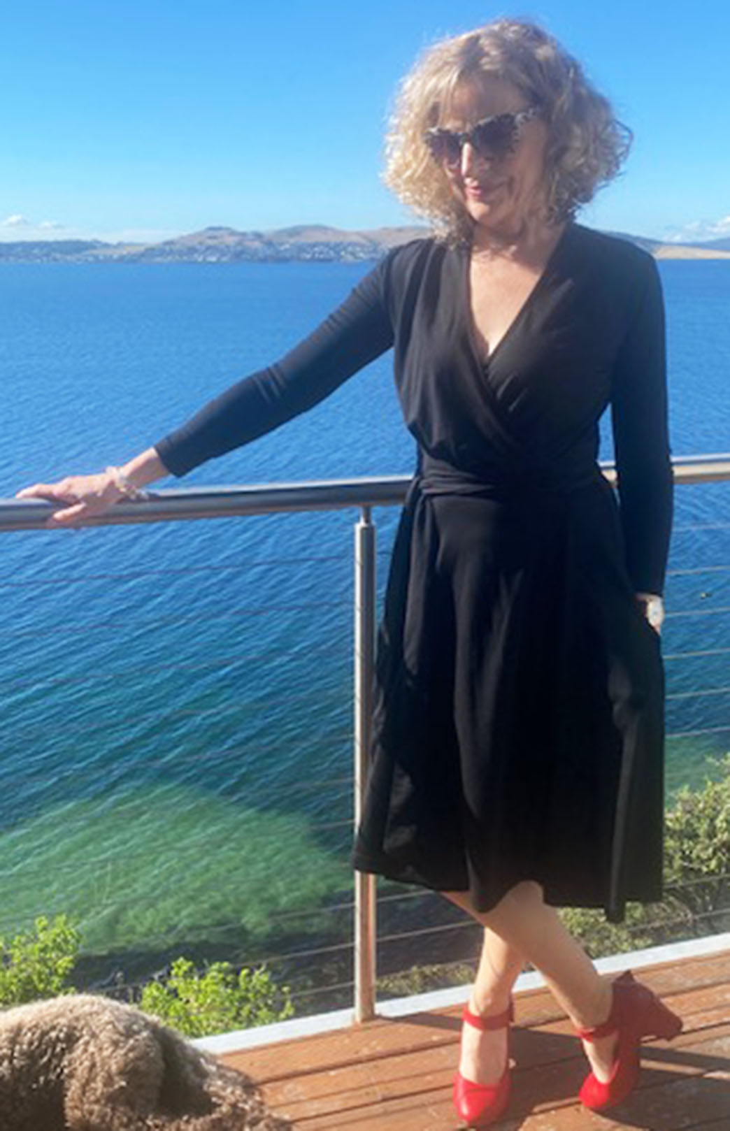 Black Women's Merino Wool 7/8th Sleeve Wrap Dress with pockets 