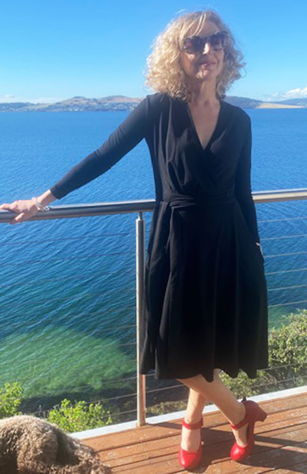 Black Women's Merino Wool 7/8th Sleeve Wrap Dress with pockets 