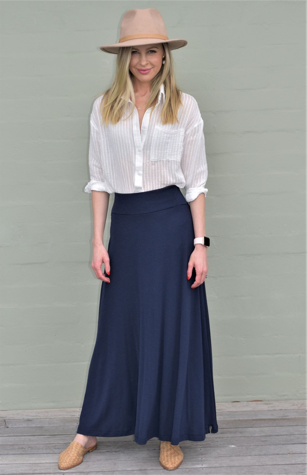 French Navy Blue Women's Merino Wool Midweight A-Line Midi Skirt
