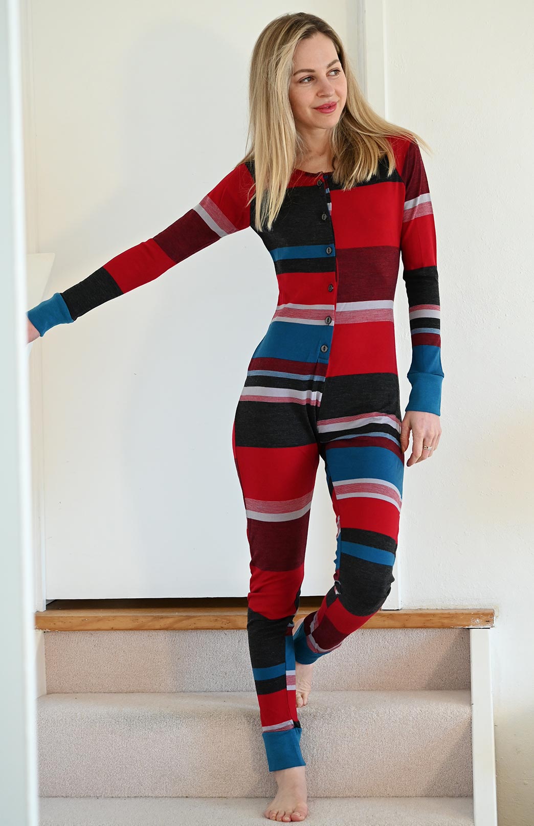 Teal Chilli Red Multi Stripe Merino wool adult button down onesie with elasticated back flap