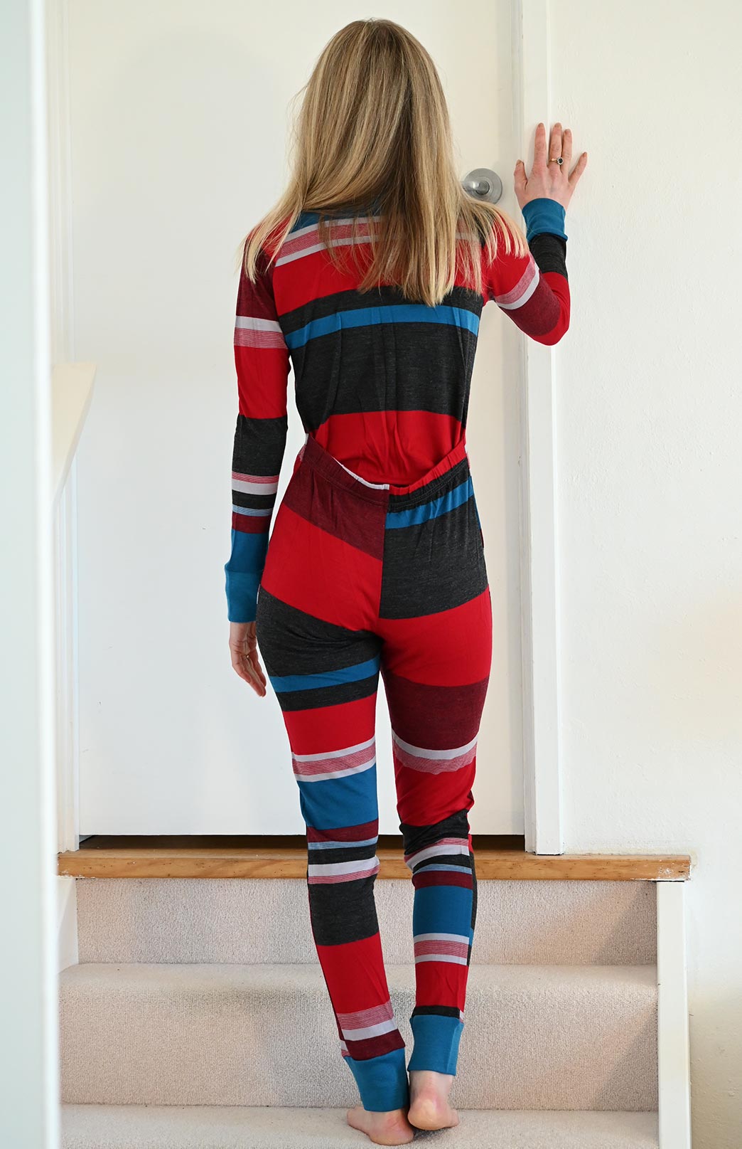 Teal Chilli Red Multi Stripe Merino wool adult button down onesie with elasticated back flap