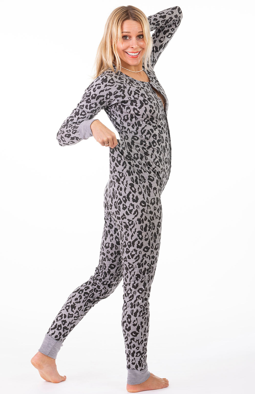 Grey Marl Leopard Merino wool adult button down onesie with elasticated back flap