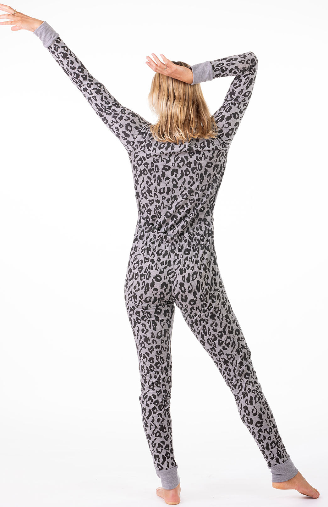 Grey Marl Leopard Merino wool adult button down onesie with elasticated back flap