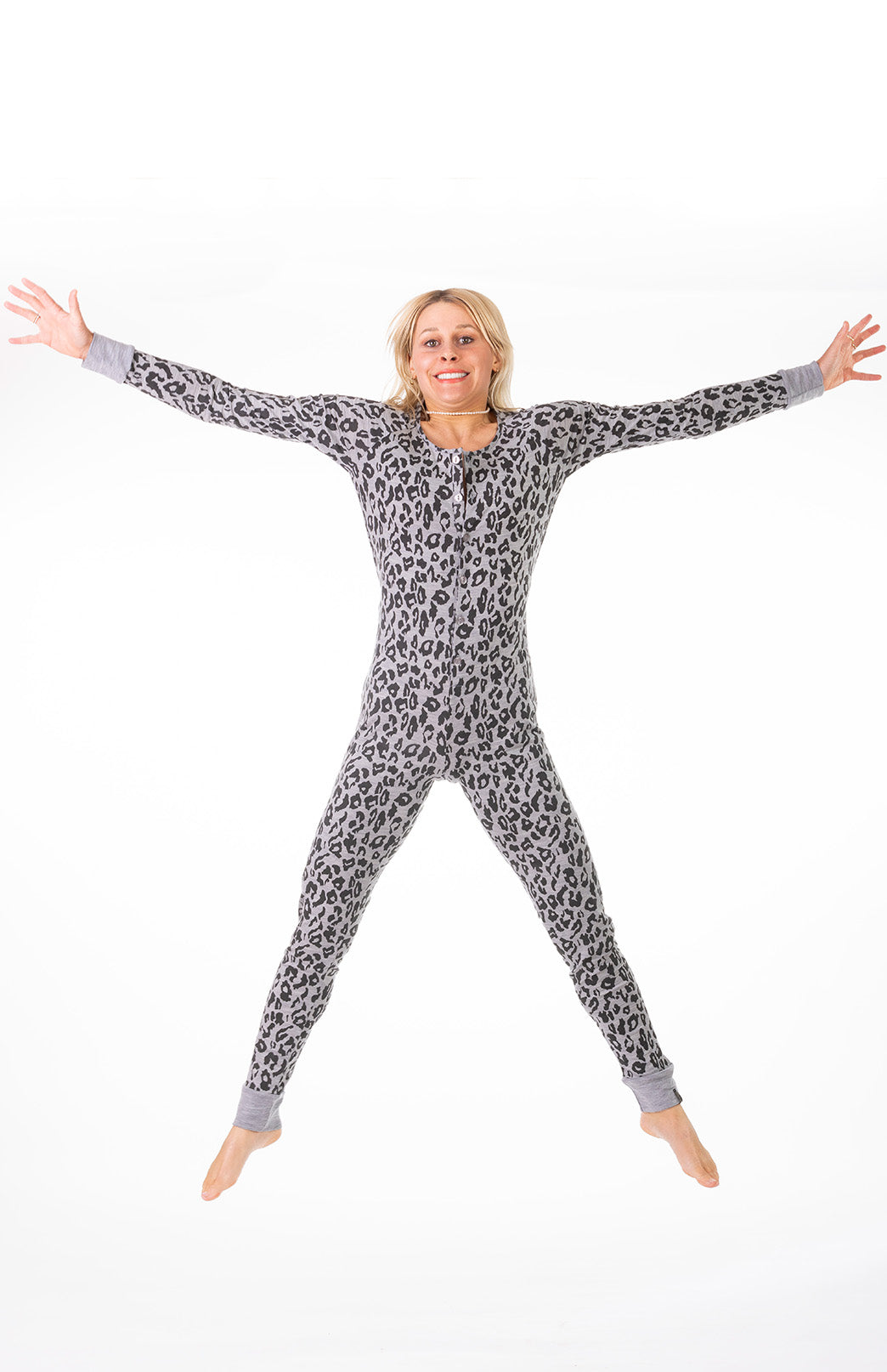 Grey Marl Leopard Merino wool adult button down onesie with elasticated back flap
