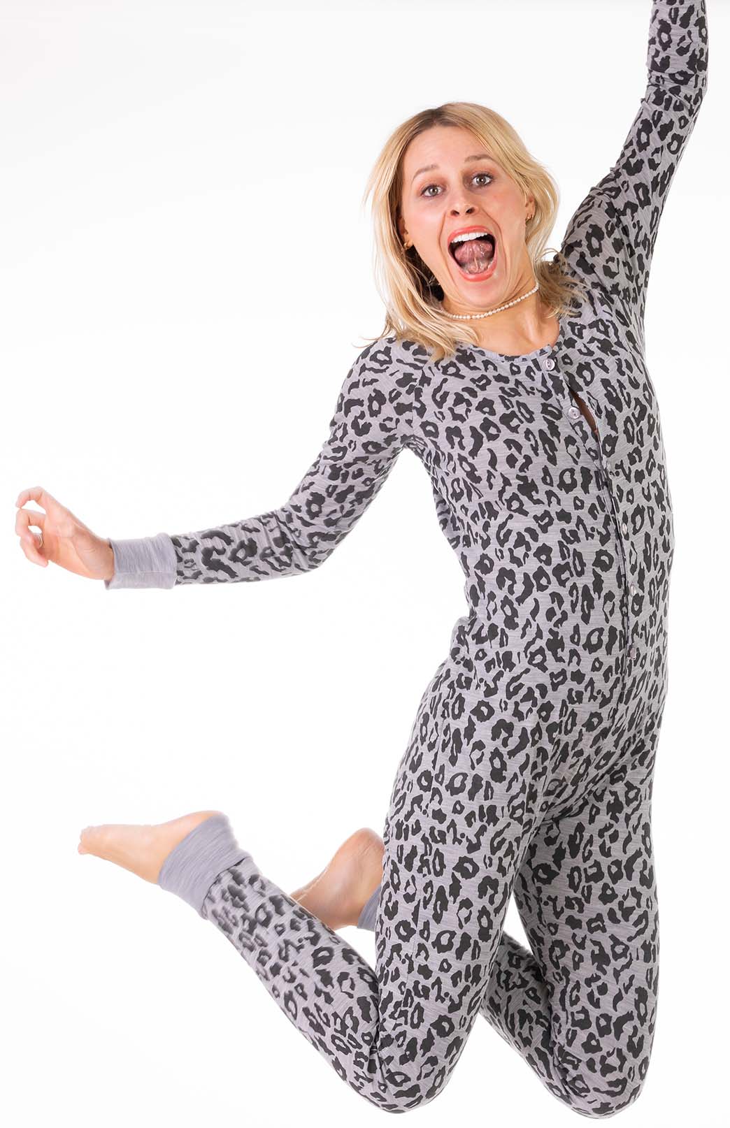 Grey Marl Leopard Merino wool adult button down onesie with elasticated back flap