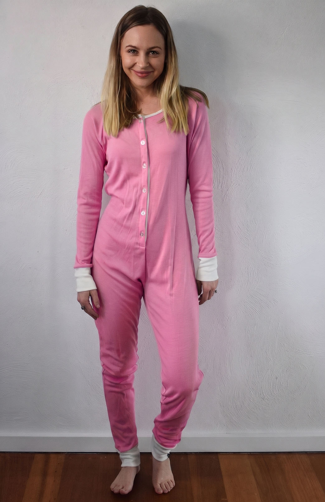 Crocus Pink with Ivory Trim Merino wool adult button down onesie with elasticated back flap