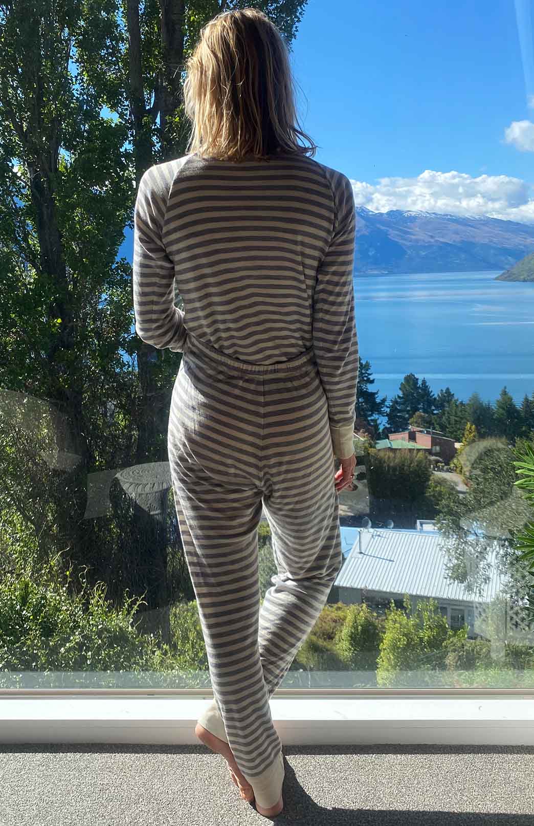 Grey Marl and Ivory Stripe Merino wool adult button down onesie with elasticated back flap