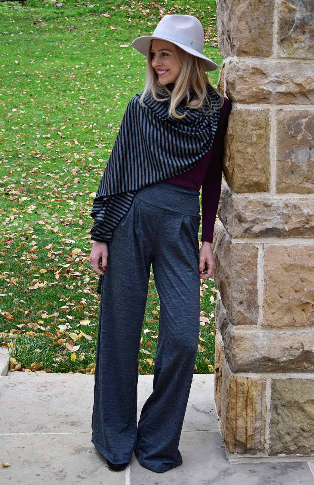 Black Grey Stripe Women's Merino Wool Plain Scarf
