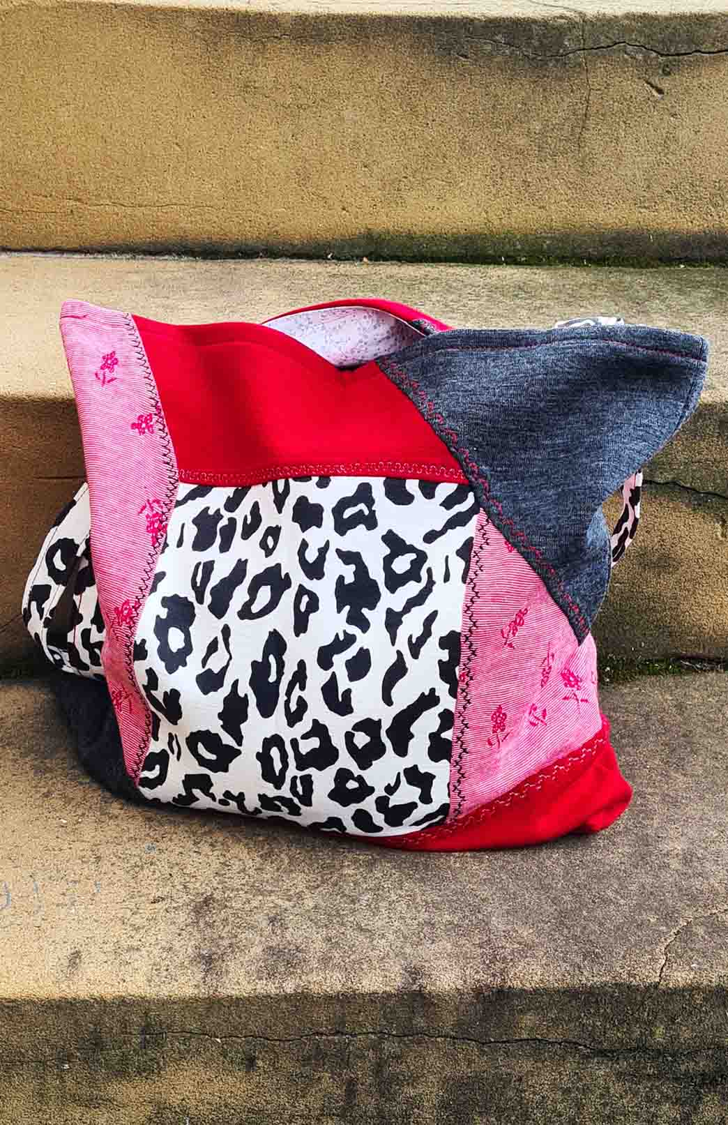 Red & Grey Bag Merino Wool Patchwork Tote Bag