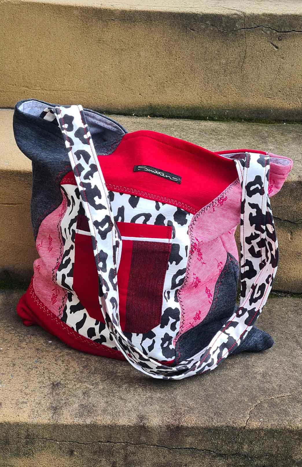 Red & Grey Bag Merino Wool Patchwork Tote Bag