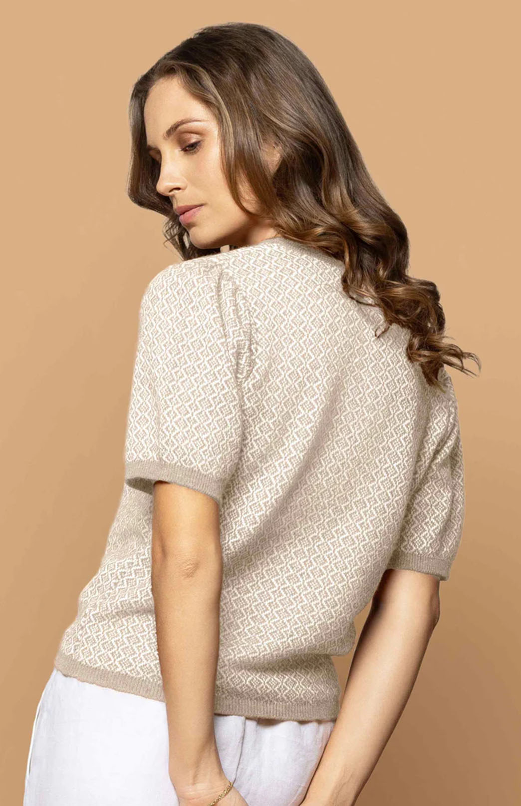 Russet & White Women's cotton, merino wool and possum round neck short sleeve jumper
