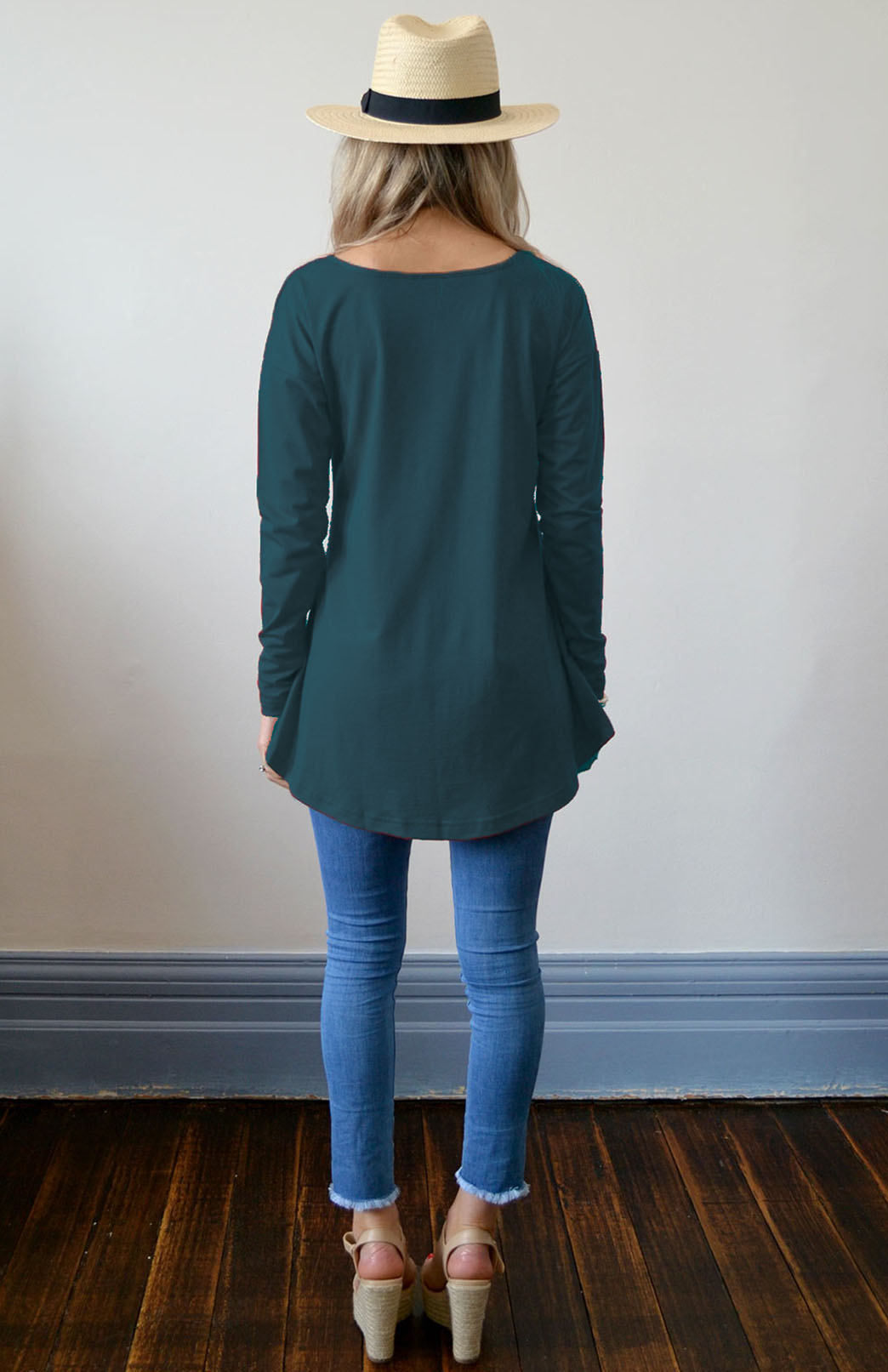 Deep Sea Green Women's Merino Wool Long Sleeve Boat Neck Top
