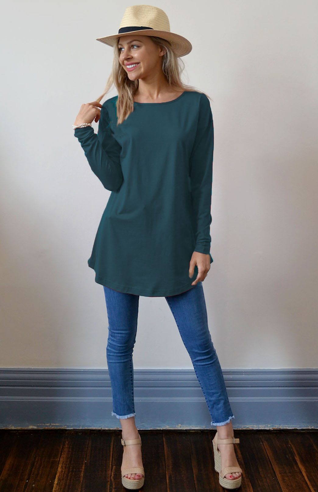 French Navy Blue Women&#39;s Merino Wool Long Sleeve Boat Neck Top
