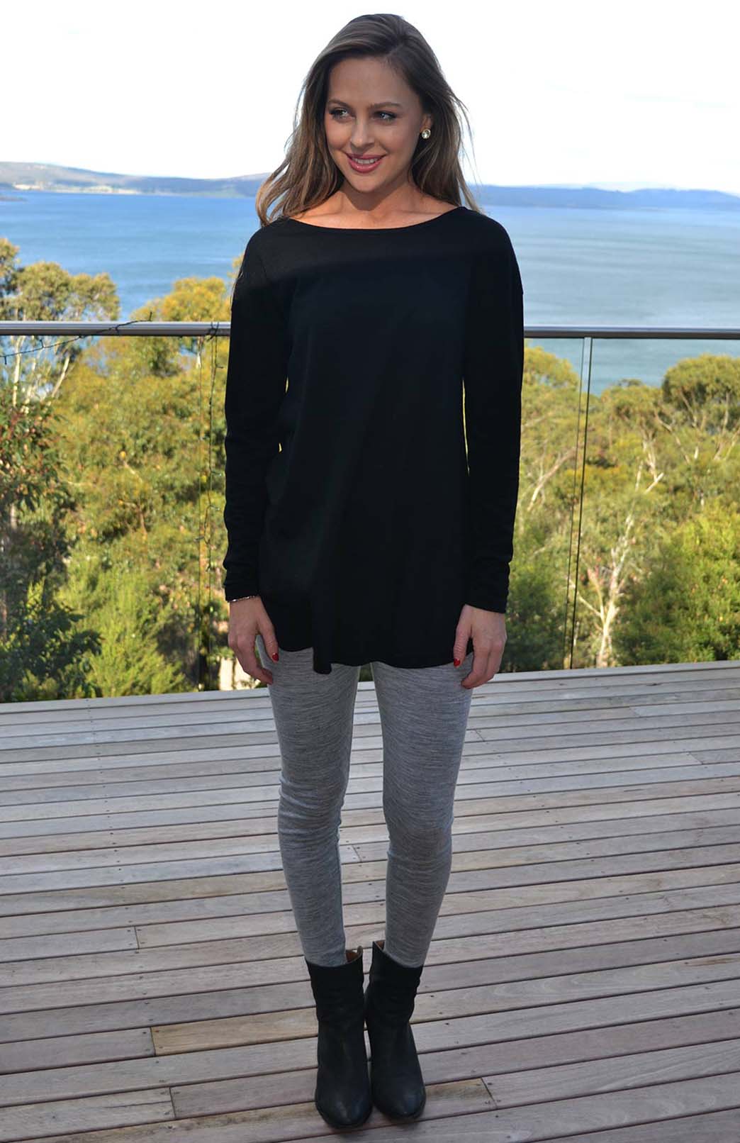 Black Women's Merino Wool Long Sleeve Boat Neck Top