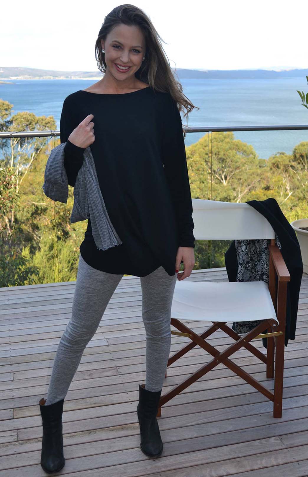 Black Women's Merino Wool Long Sleeve Boat Neck Top