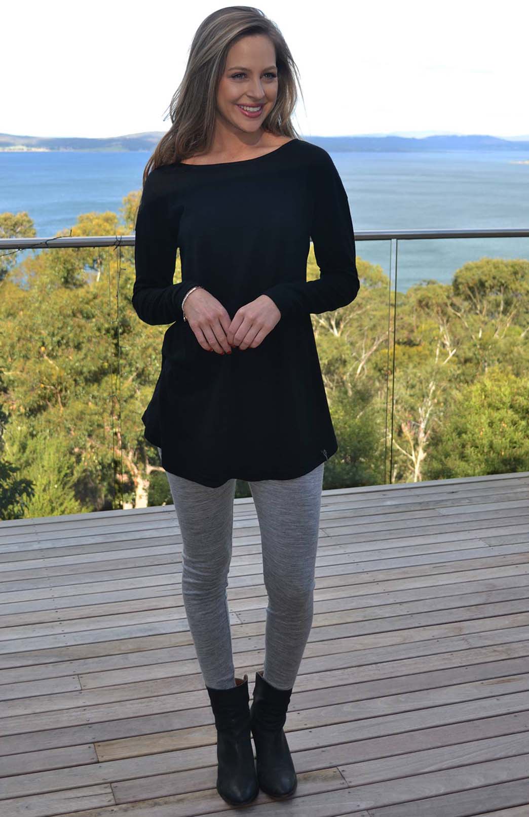 Black Women's Merino Wool Long Sleeve Boat Neck Top