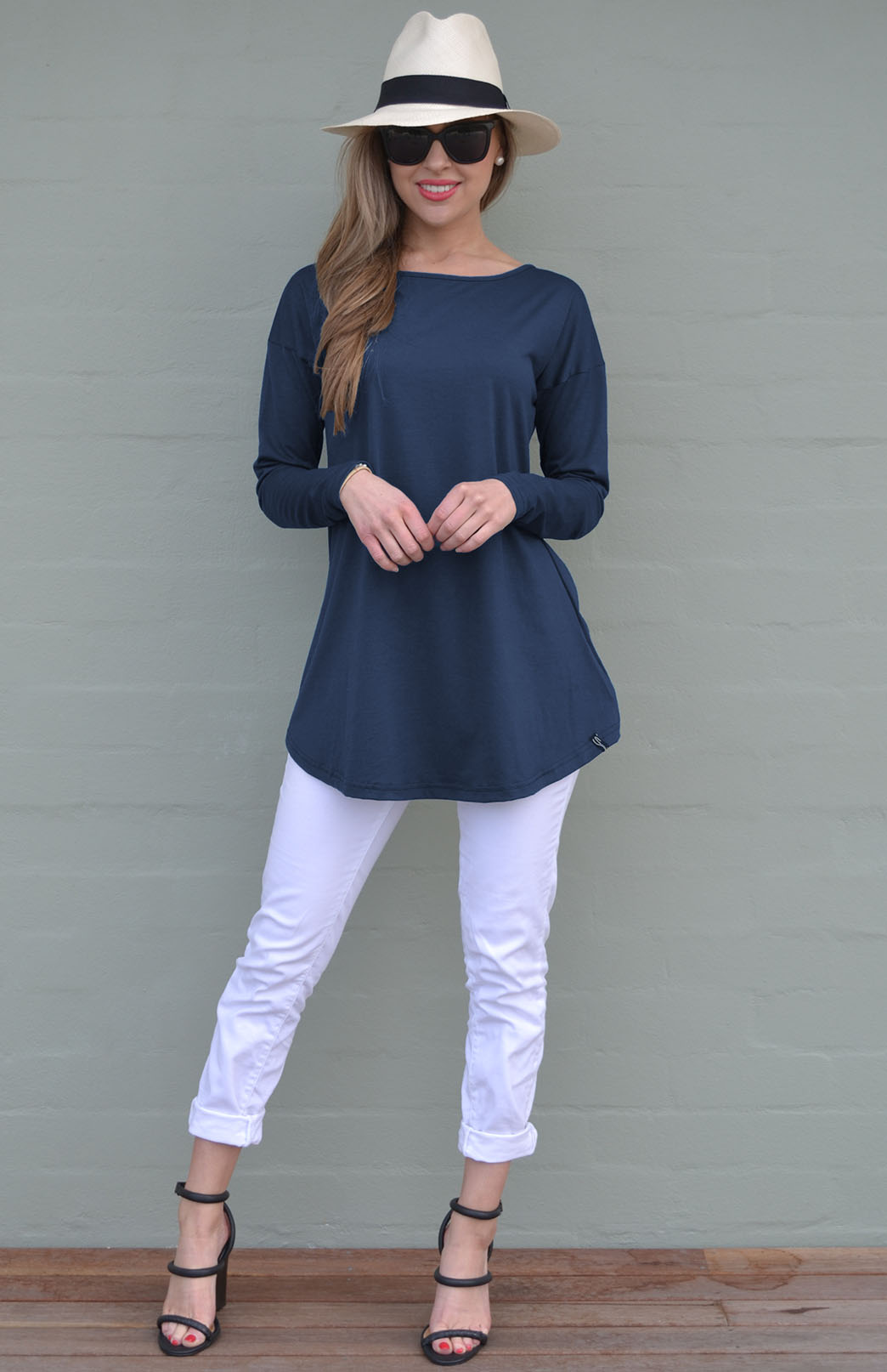 French Navy Blue Women's Merino Wool Long Sleeve Boat Neck Top