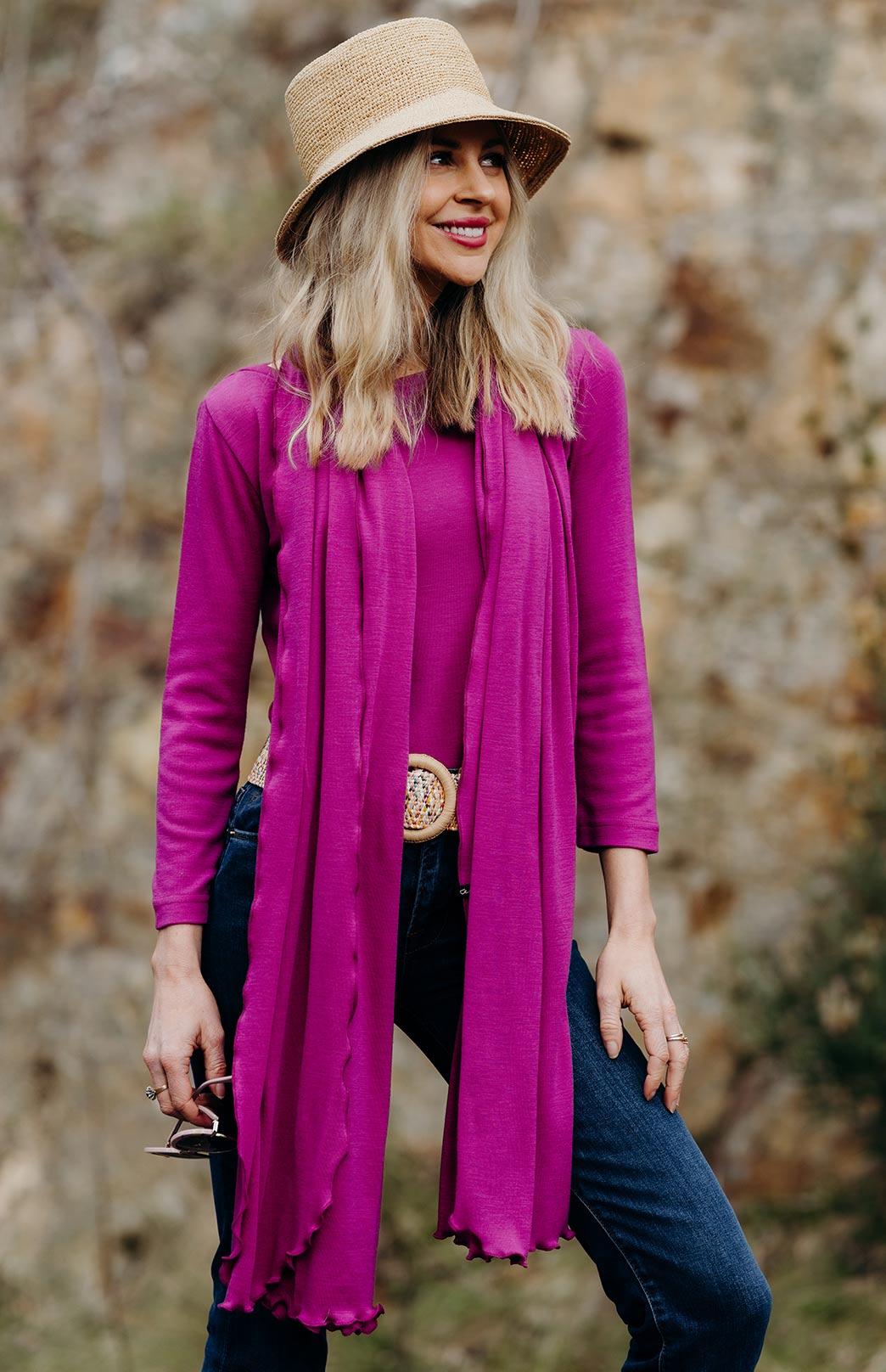 Fuchsia Pink Women's Merino Wool Slit Neck Top with 7/8 Sleeves