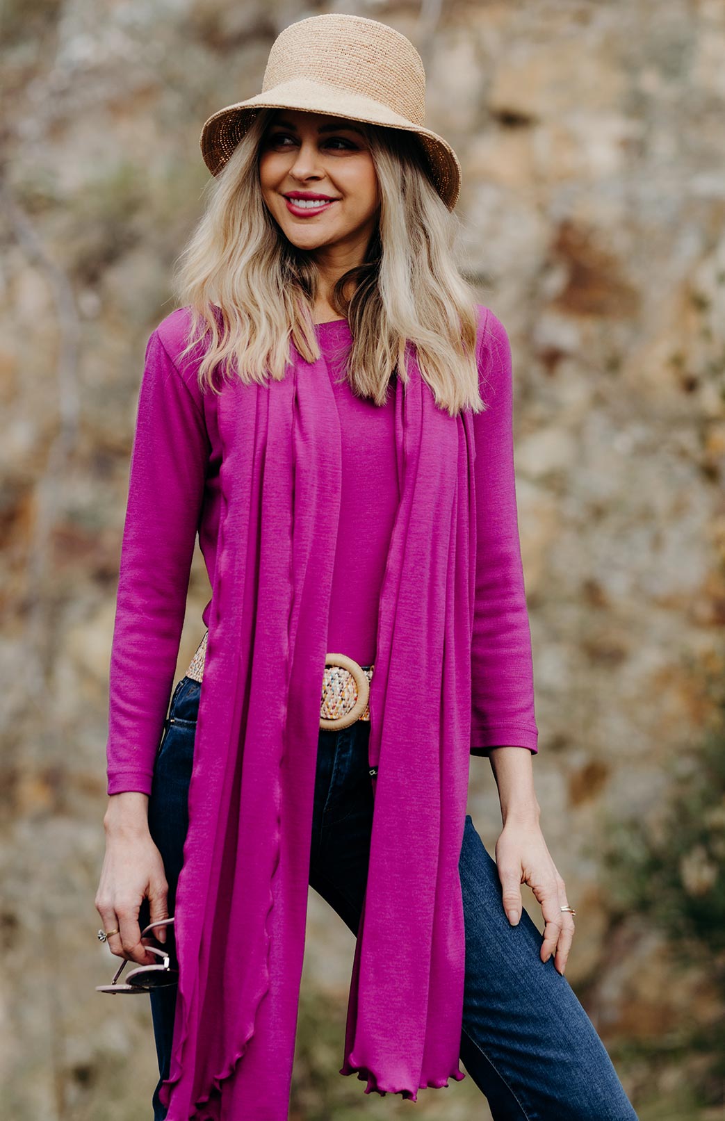 Fuchsia Pink Women's Merino Wool Slit Neck Top with 7/8 Sleeves