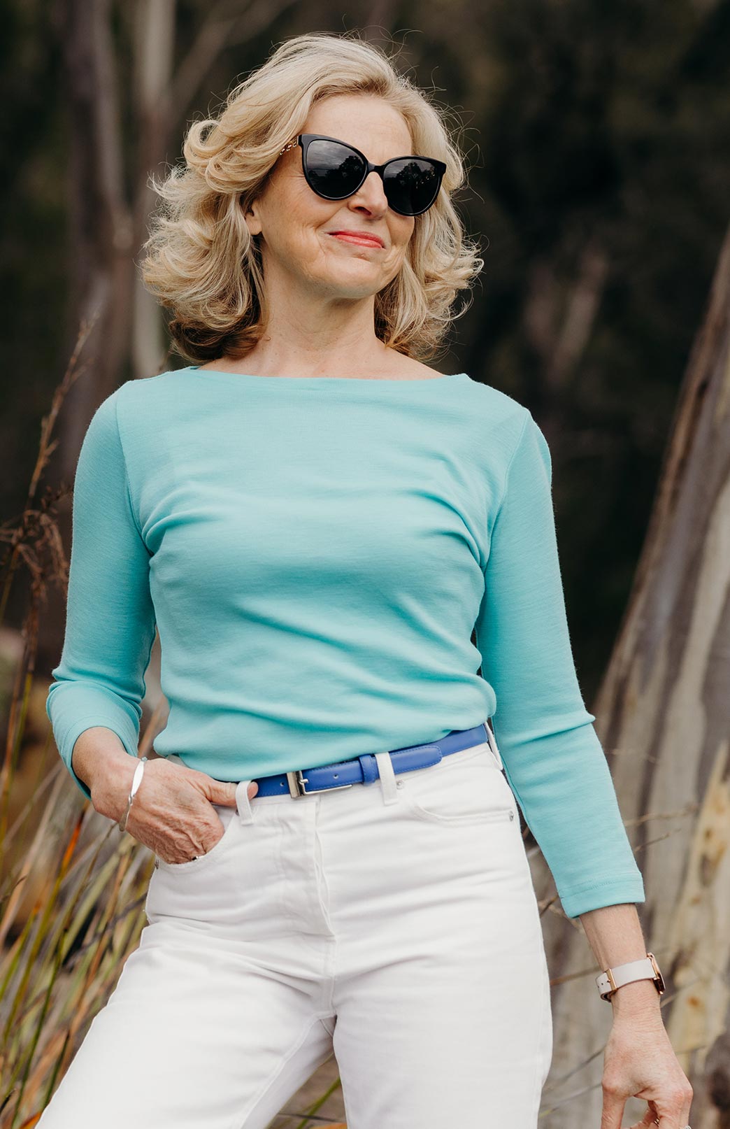 Turquoise Women's Merino Wool Slit Neck Top with 7/8 Sleeves