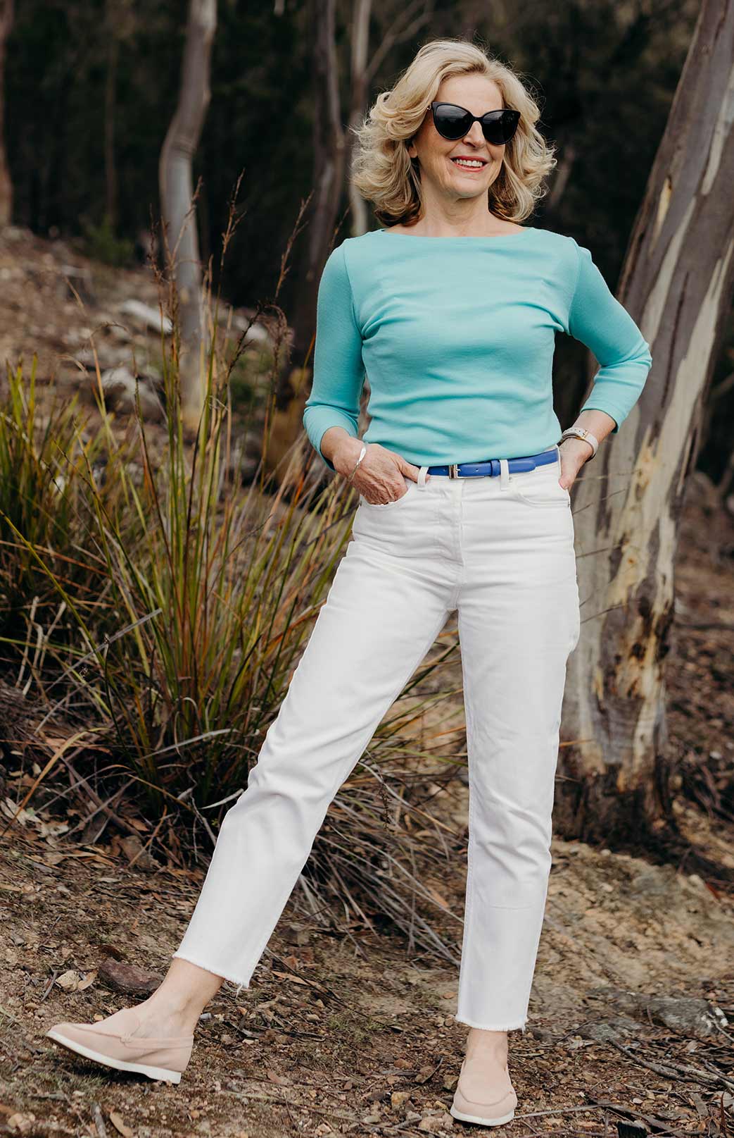 Turquoise Women's Merino Wool Slit Neck Top with 7/8 Sleeves