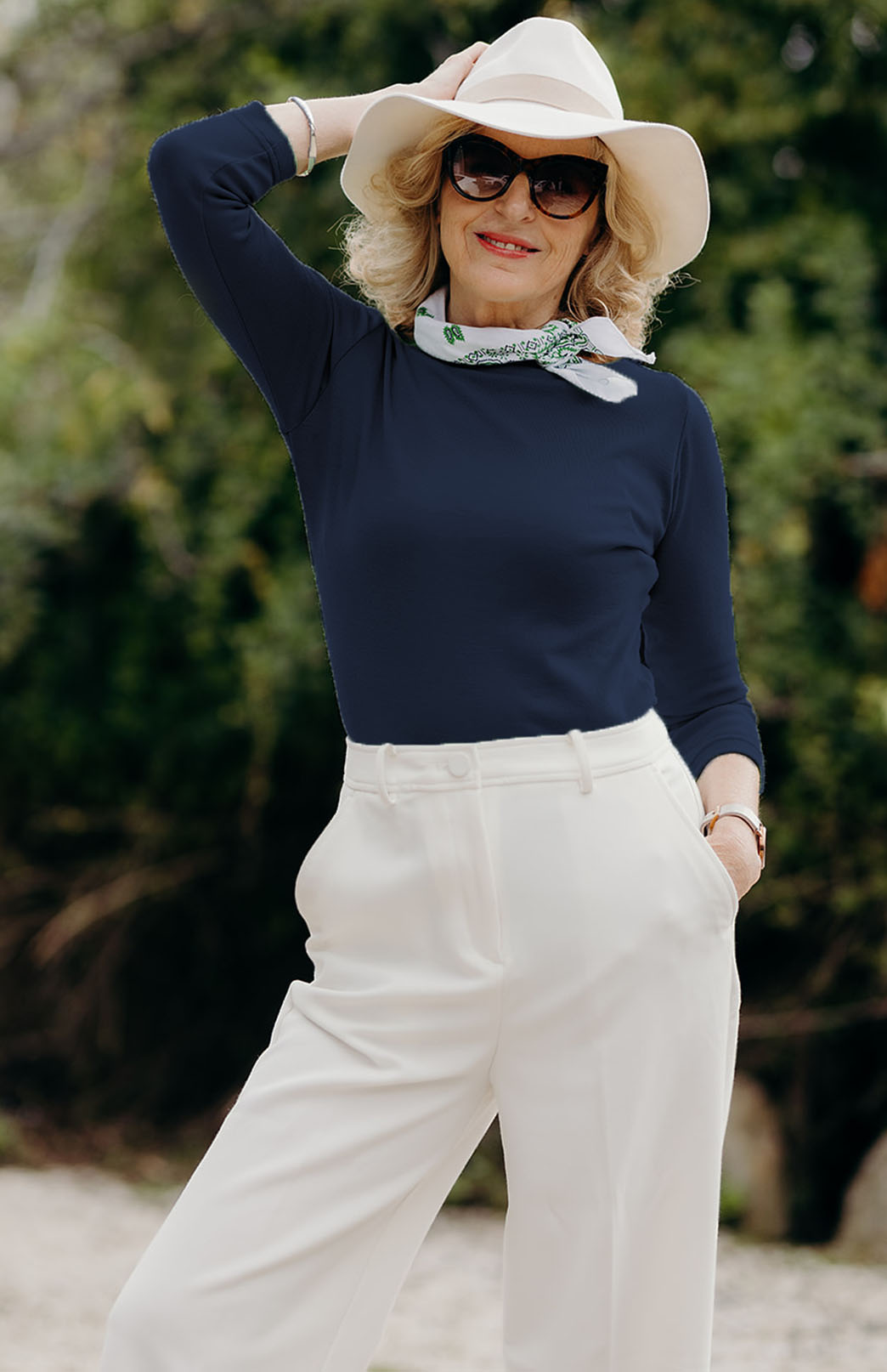 French Navy Blue Women's Merino Wool Slit Neck Top with 7/8 Sleeves