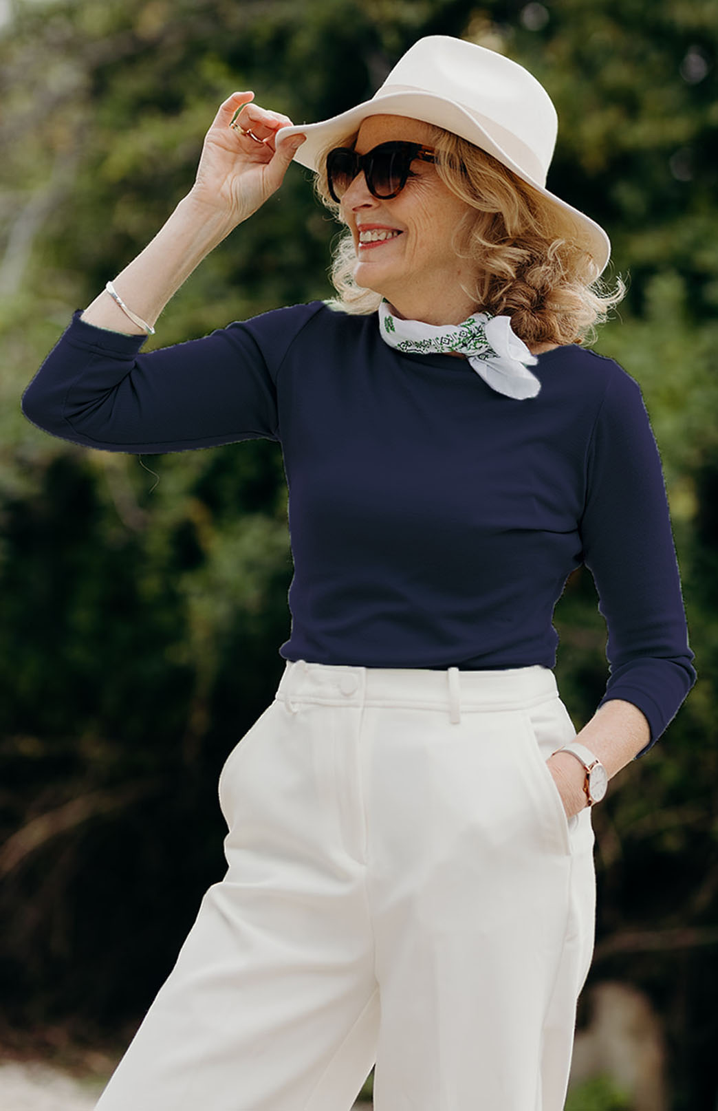 French Navy Blue Women's Merino Wool Slit Neck Top with 7/8 Sleeves