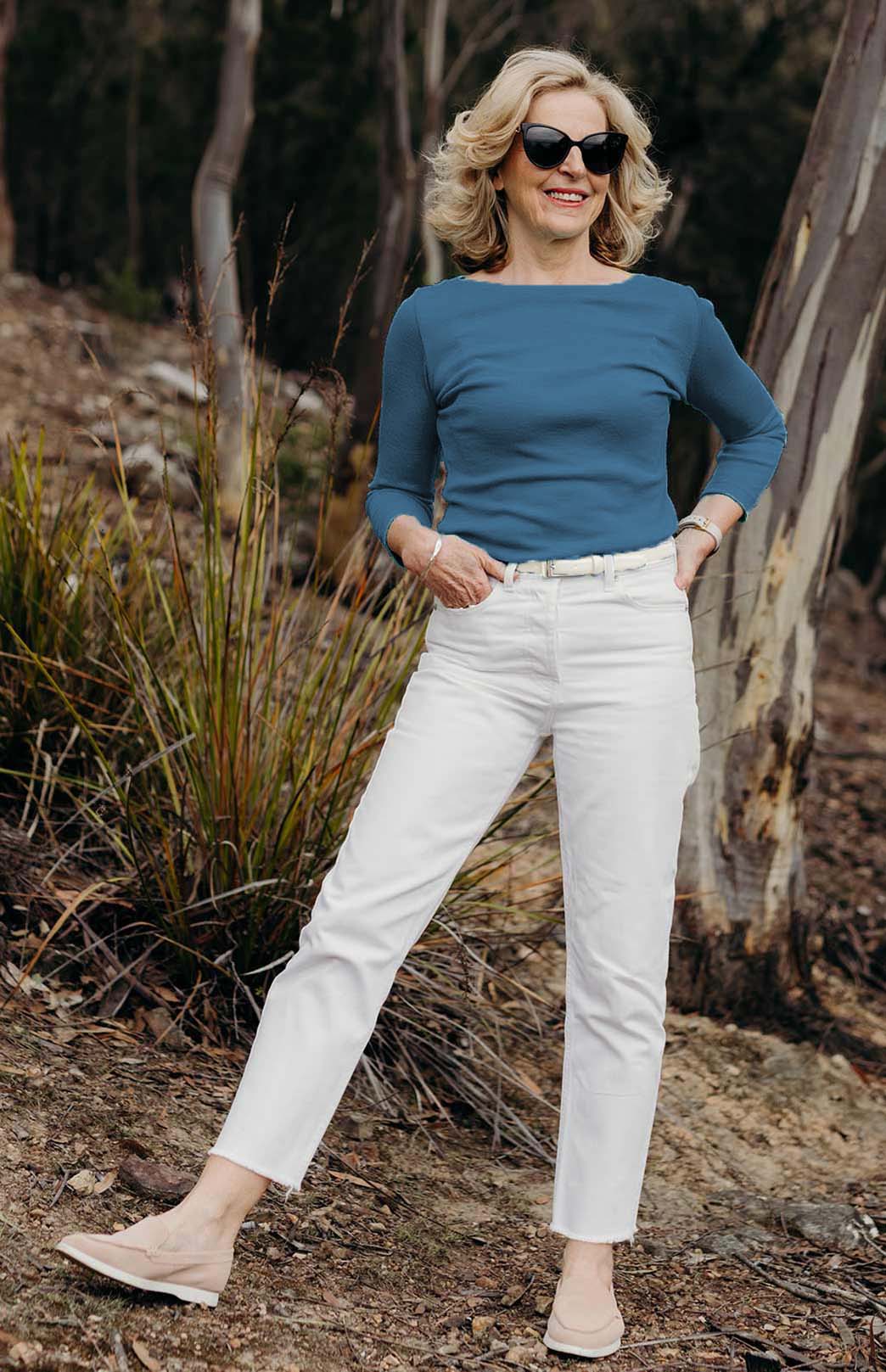 Lyons Blue Teal Women's Merino Wool Slit Neck Top with 7/8 Sleeves