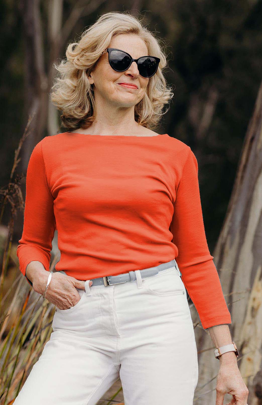 Poppy Red Women's Merino Wool Slit Neck Top with 7/8 Sleeves