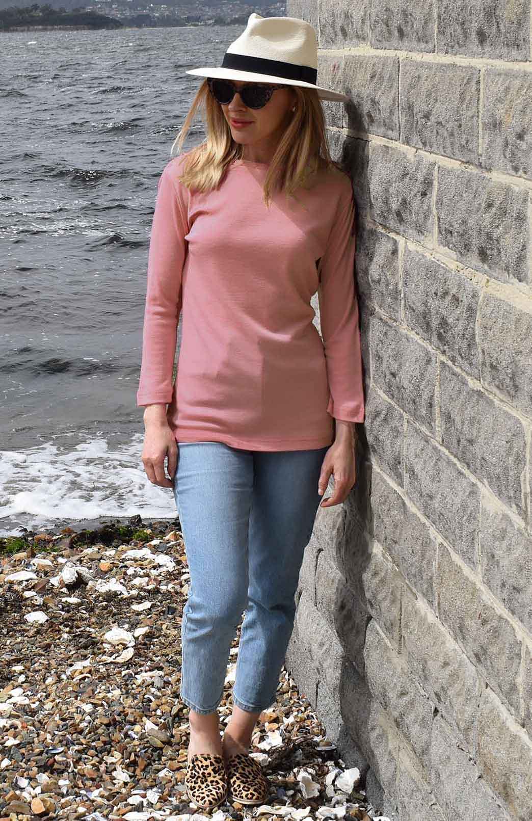 Rosewood Pink Women's Merino Wool Slit Neck Top with 7/8 Sleeves