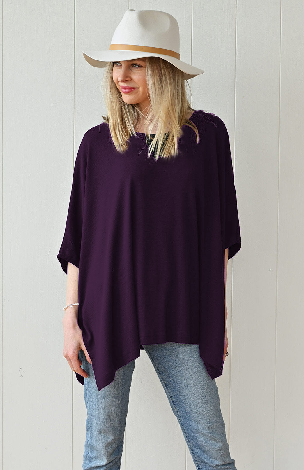 Aubergine Purple Women's Merino Wool Boxy Poncho Top