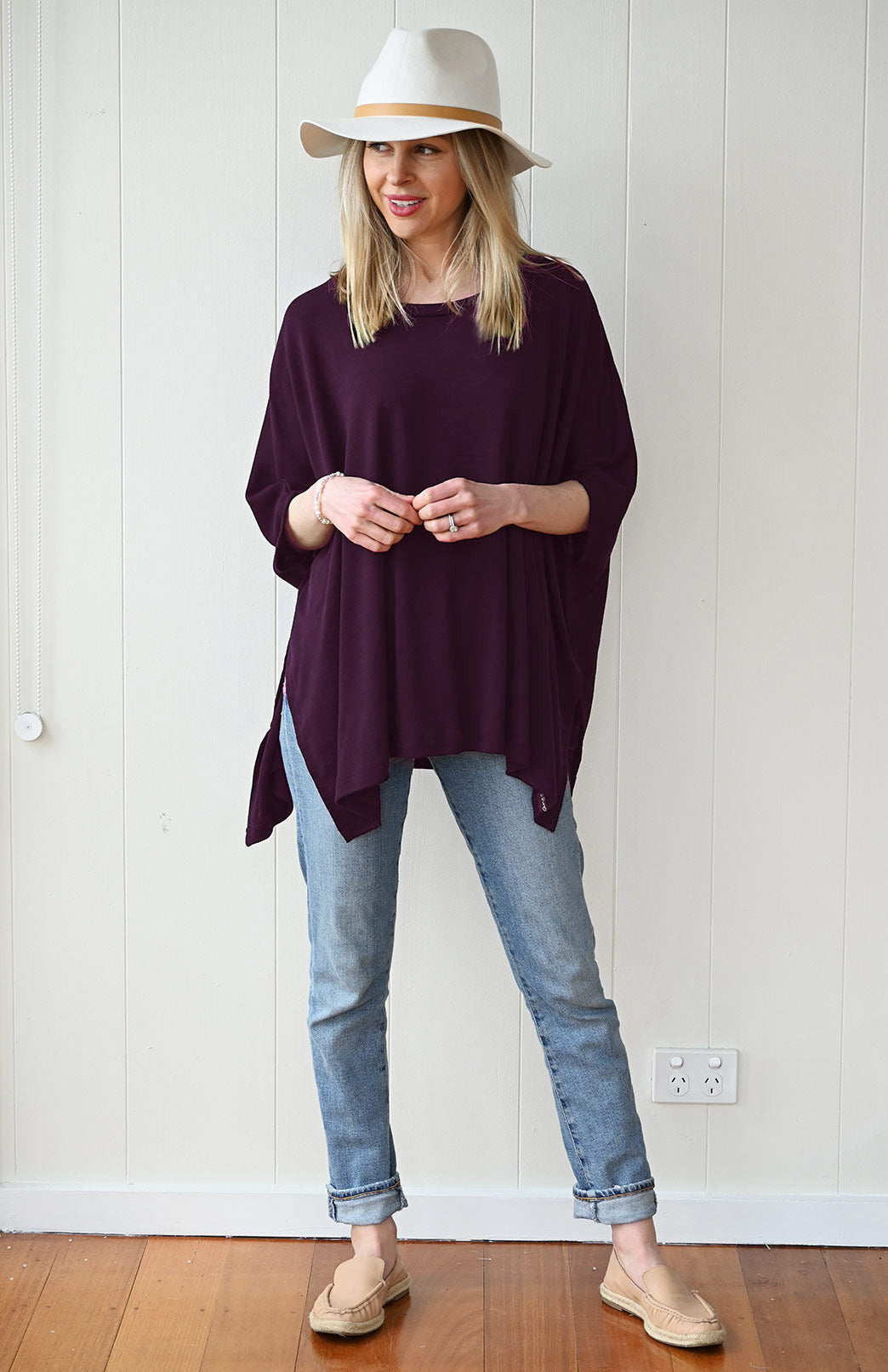 Aubergine Purple Women's Merino Wool Boxy Poncho Top