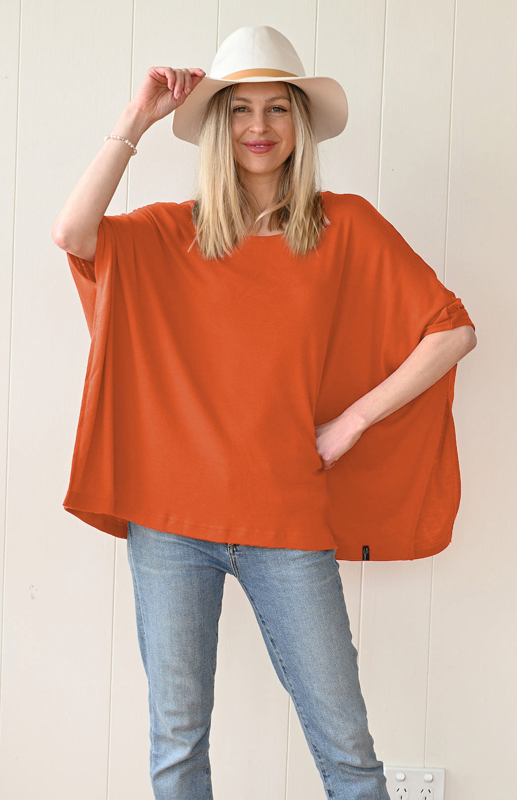 Burnt Orange Women's Merino Wool Boxy Poncho Top