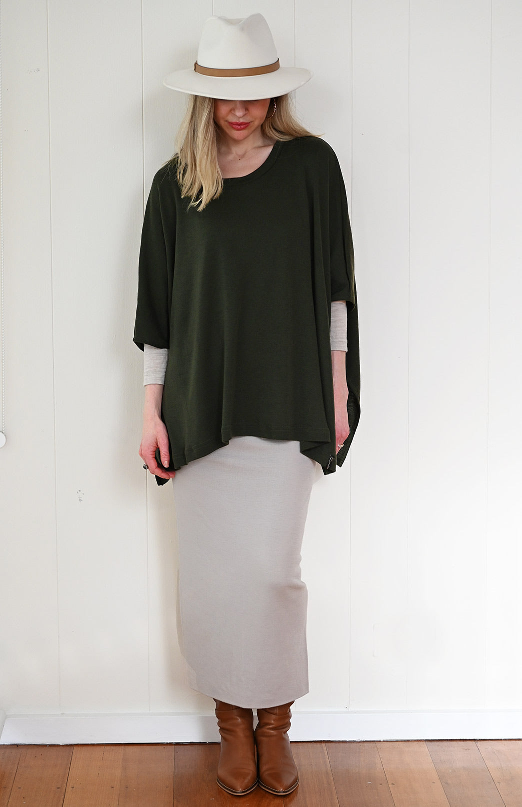 Kale Green Women's Merino Wool Boxy Poncho Top