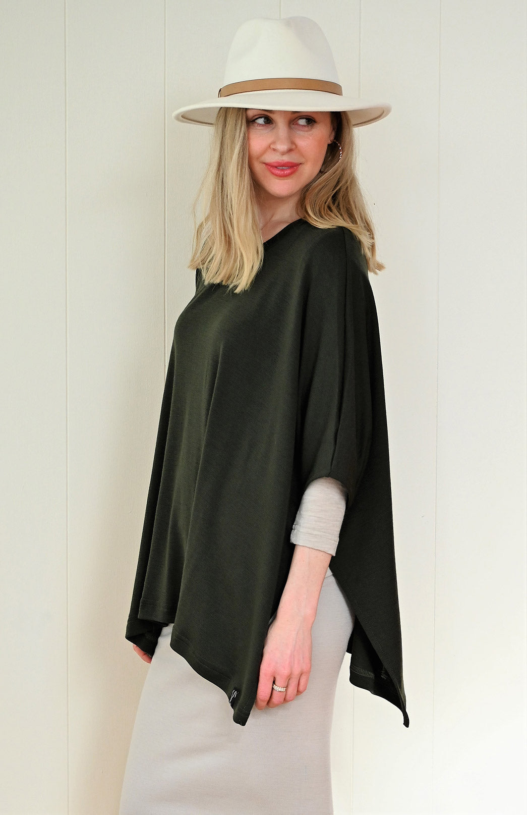 Kale Green Women's Merino Wool Boxy Poncho Top