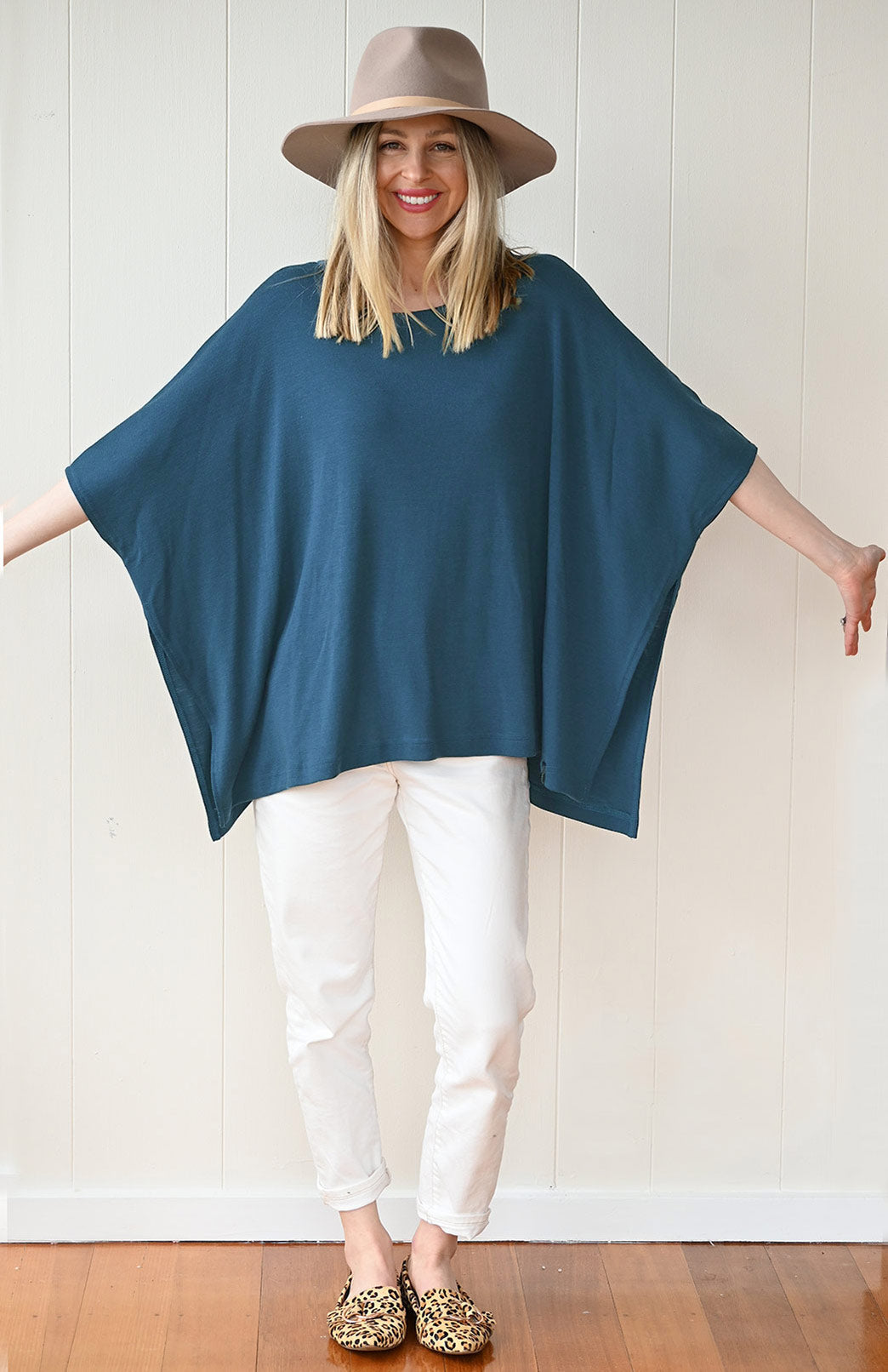 Storm Teal Women's Merino Wool Boxy Poncho Top