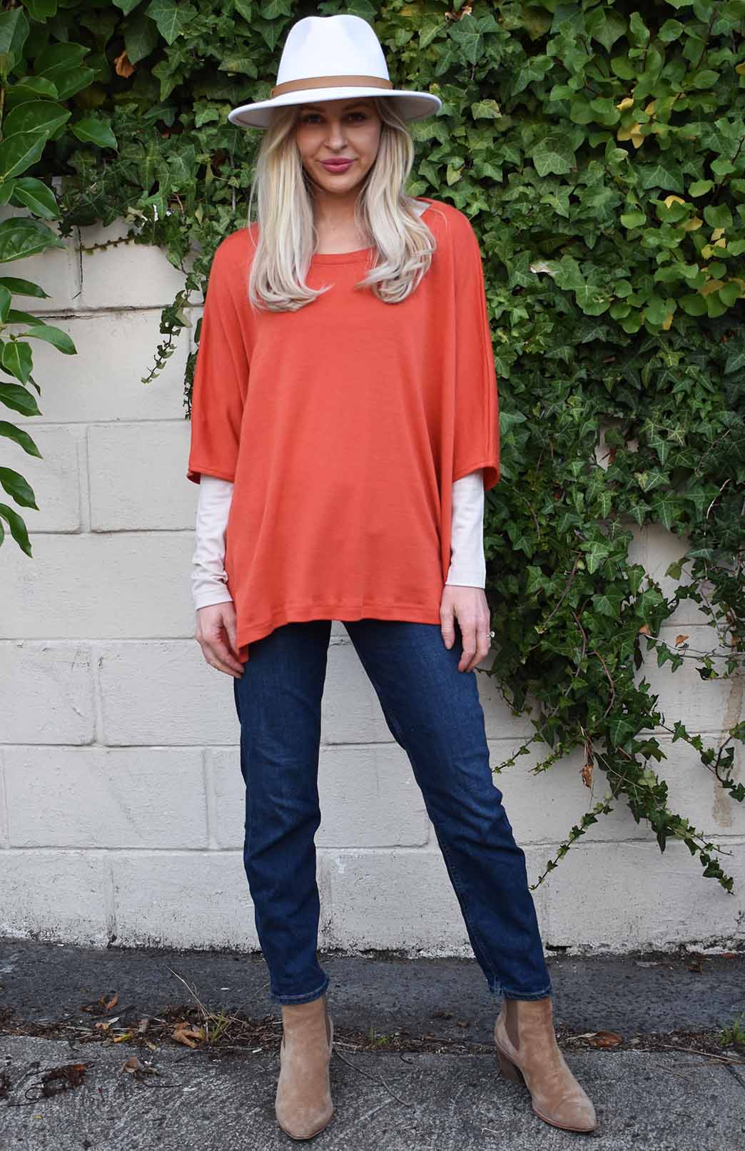 Burnt Orange Women's Merino Wool Boxy Poncho Top