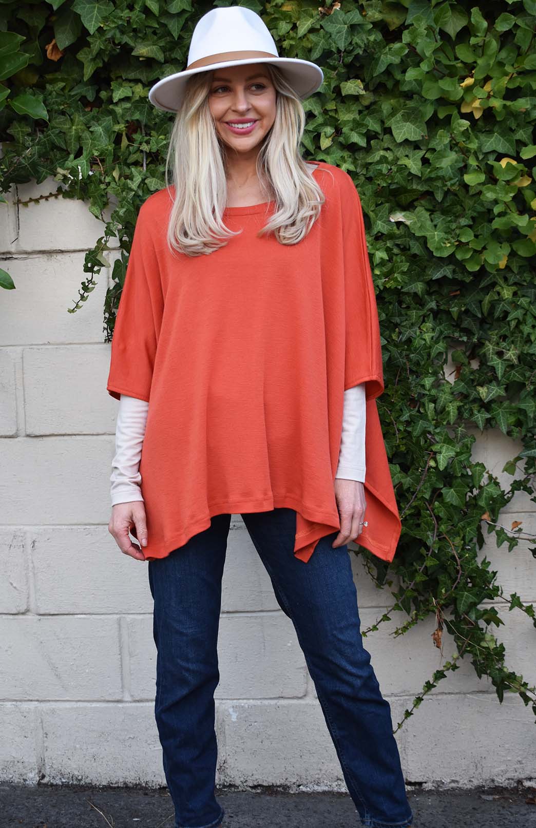 Burnt Orange Women's Merino Wool Boxy Poncho Top